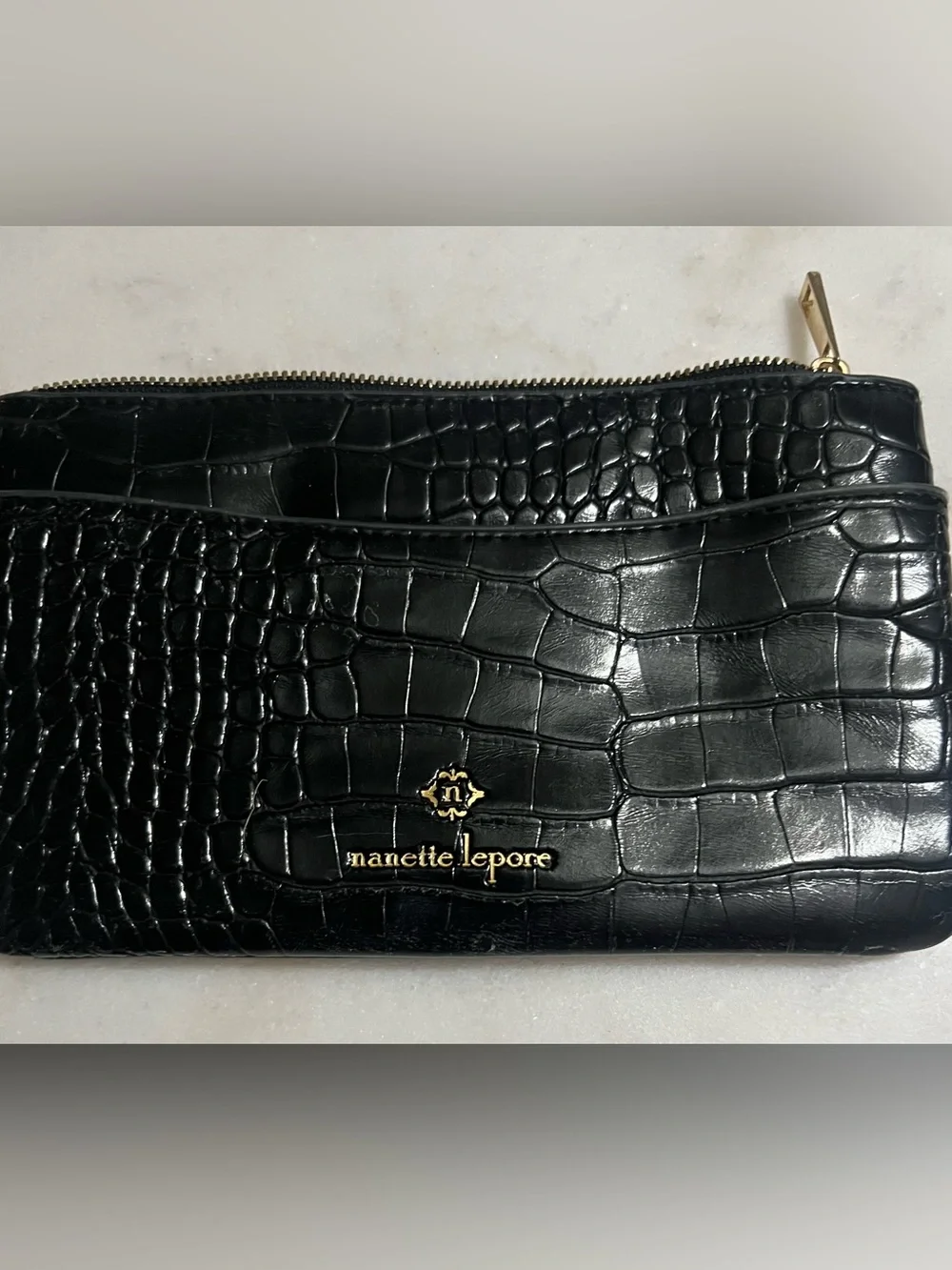 Nanette Lepore Black Patent Leather Croc Embossed Wristlet Gold Chain Accents
